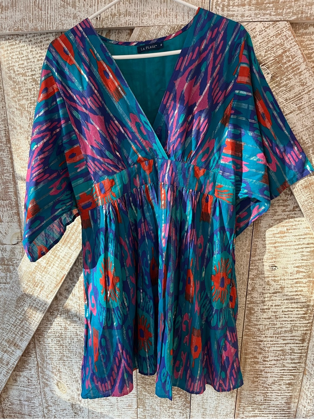 La Plage Teal Ikat Print V-Neck Women’s Lined Cotton Dress Pockets Medium